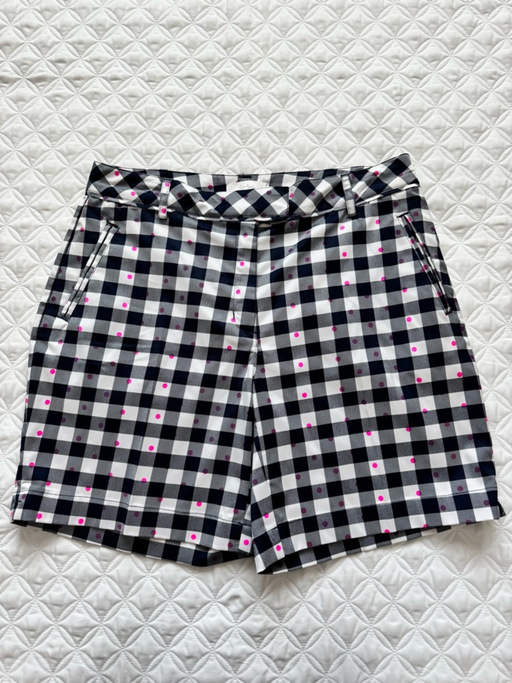 NWT Lady Hagen Navy and White Gingham Golf Shorts with Pink Dot Accents Size 8